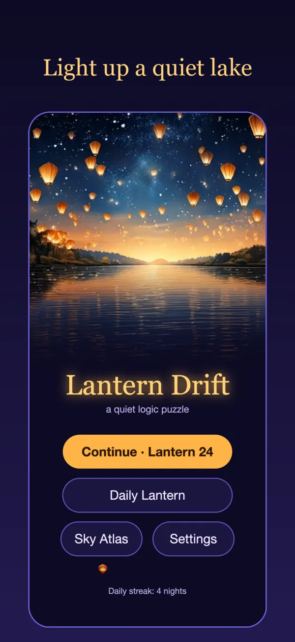 Lantern Drift title screen over a night lake