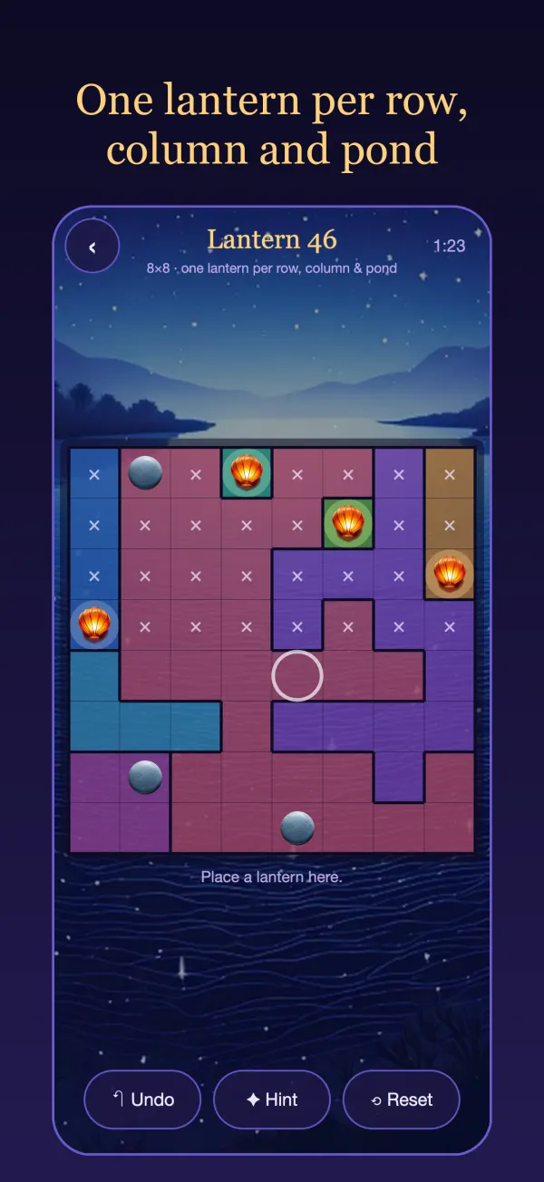 A puzzle in progress: one lantern per row, column and pond